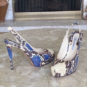 Brian Atwood Slingback Platform Stiletto Heels Snakeskin Leather